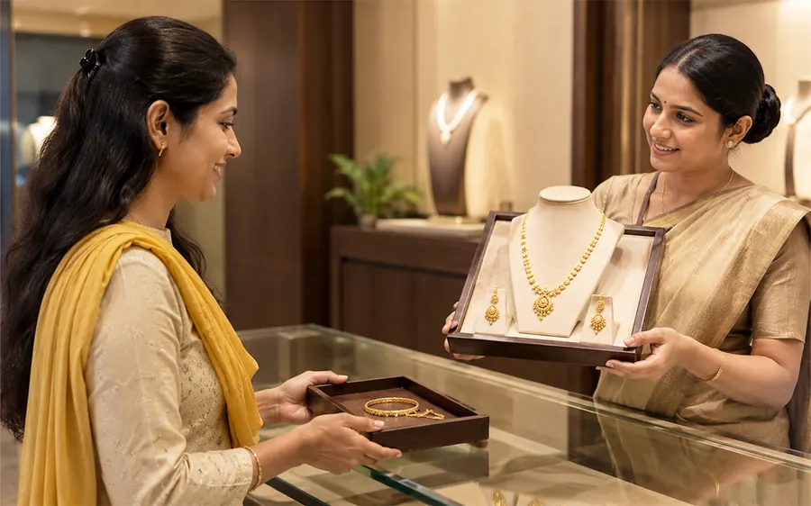 Customer reviewing gold jewellery with a professional executive during transparent gold valuation.