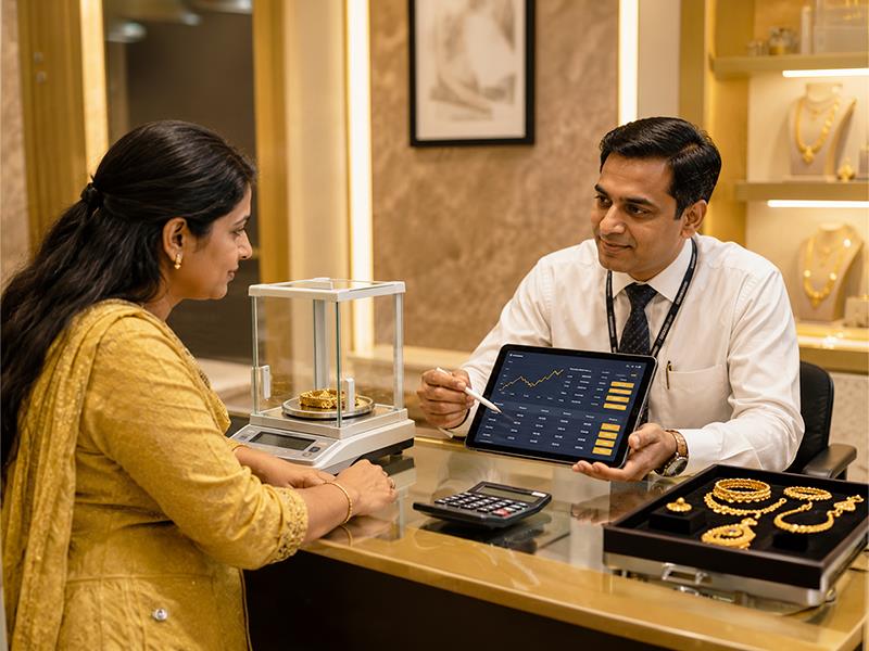 Person reviewing a pricing chart with gold jewelry placed nearby
