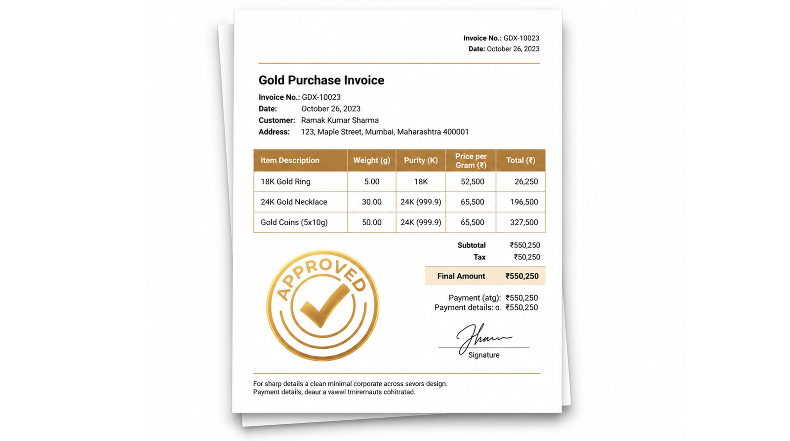 Gold purchase invoice