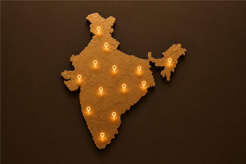 Golden map of India with location markers indicating nationwide service coverage