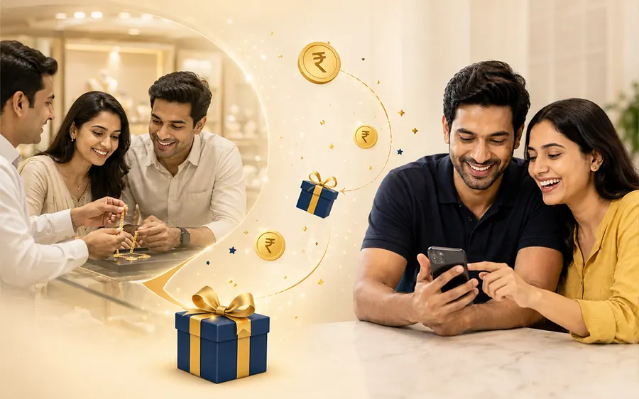 Couple checking referral reward benefits after recommending a trusted gold buying service