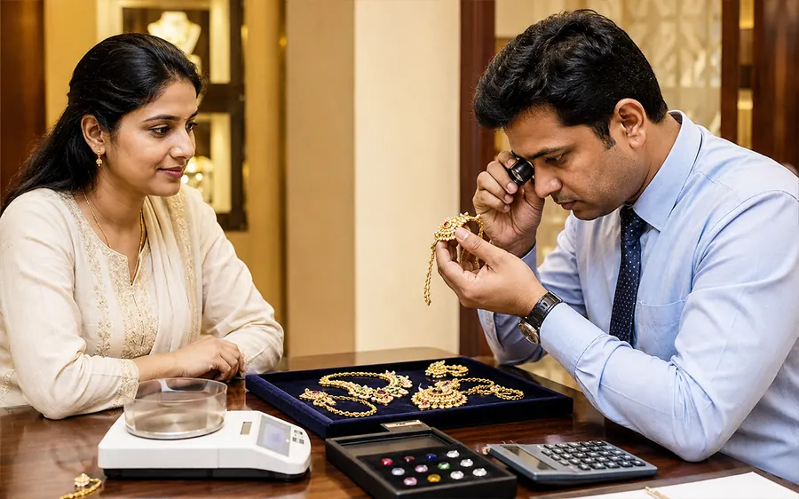 Gold expert checking stone value in jewellery for transparent gold valuation and fair pricing