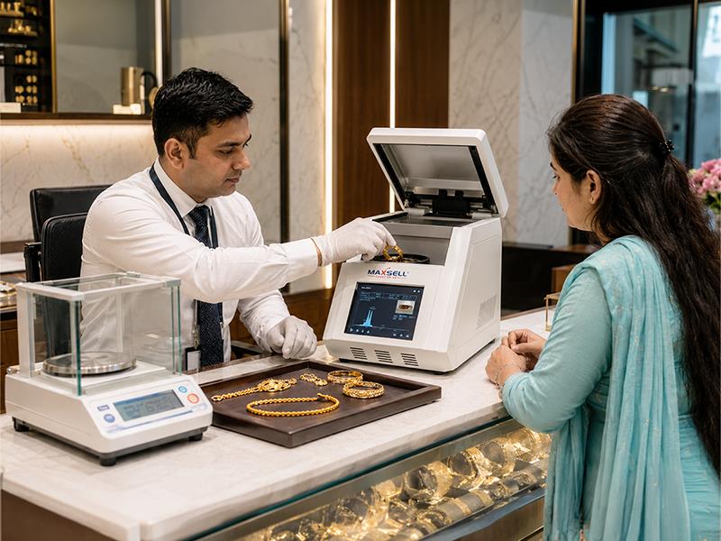 Gold jewelry being tested inside a machine while a customer watches