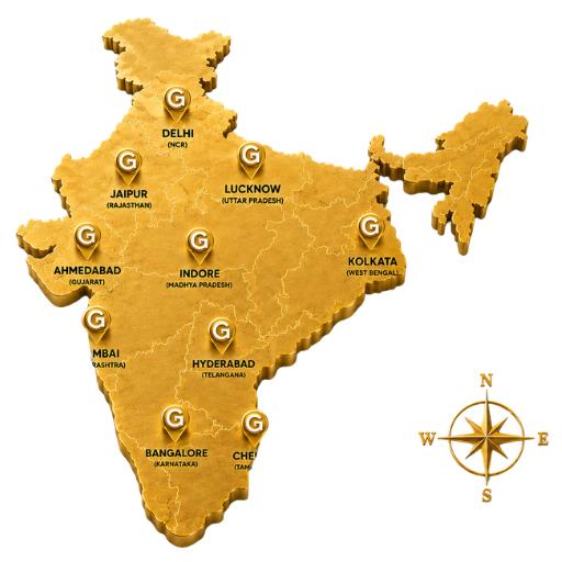 G1 Gold branches page with India map and nearby gold buying service location details